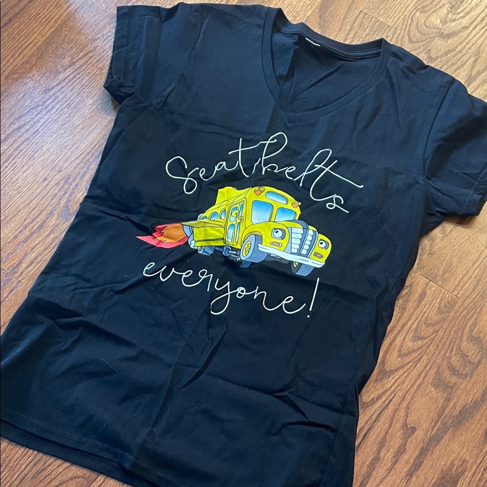 Women’s Black T-Shirt with Yellow Bus Design
